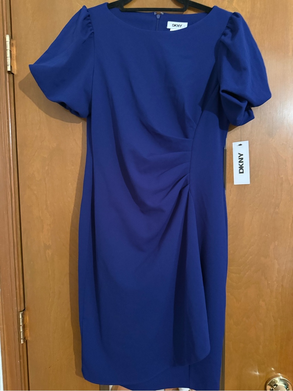 Classic DKNY Cobalt Blue Puff-Sleeve Sheath Dress with Ruffle